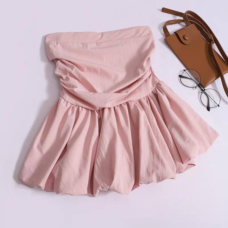 Women's Strapless Tube Top – Solid Color Pleated Sleeveless Camisole for Summer Casual Fashion