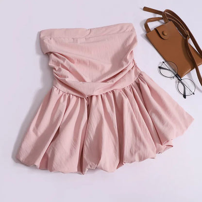 Women's Strapless Tube Top – Solid Color Pleated Sleeveless Camisole for Summer Casual Fashion