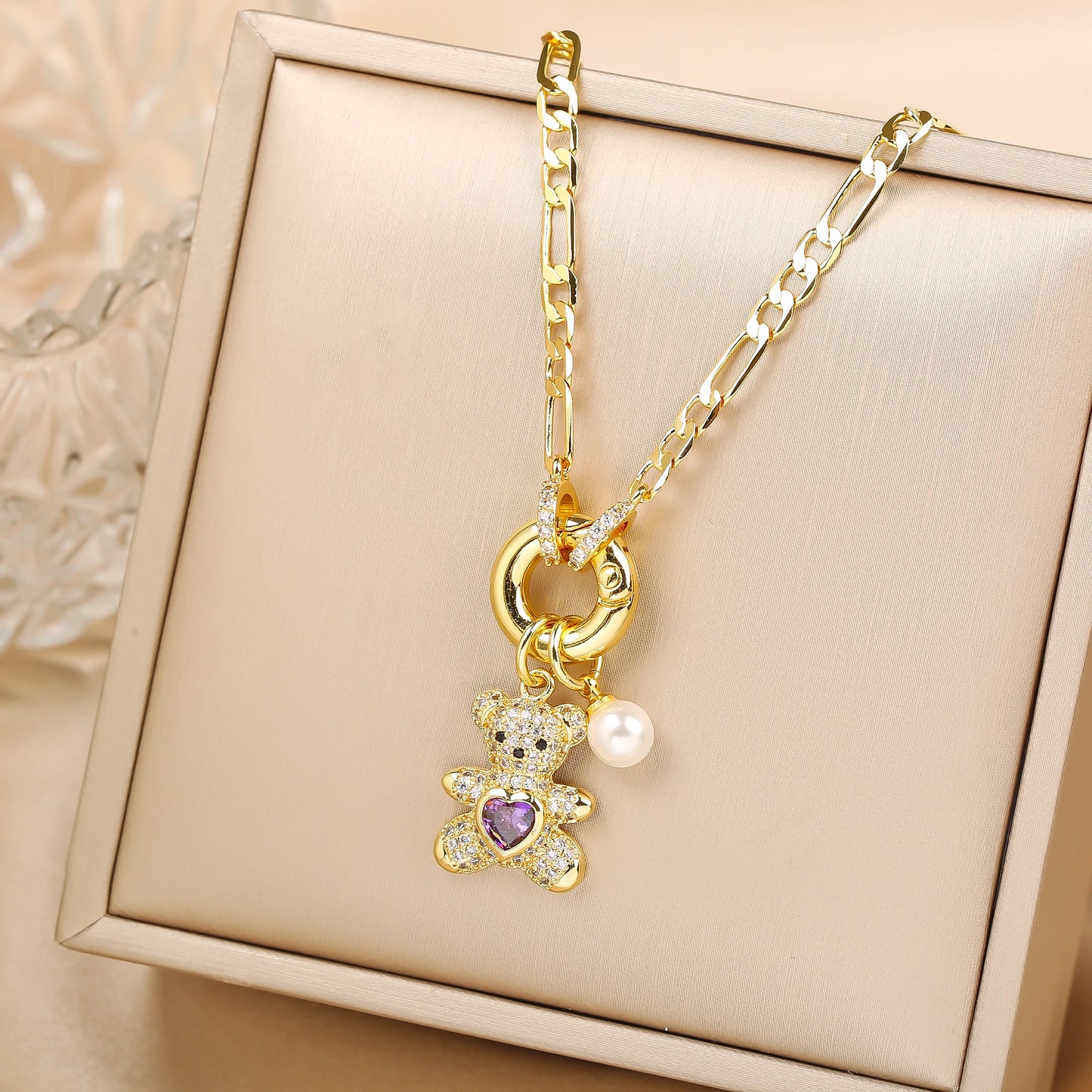 High Quality Shiny Crystal Zirconia Cute Bear Pendant Necklace Choker for Women Girls Holiday Collarbone Chain Gift