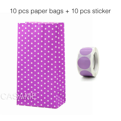 10PCS Stand-Up Colorful Gift Bags with Stickers – Solid, Striped & Polka Dot Treat Bags for Wedding, Birthday & Party Favors (18×9×6cm)