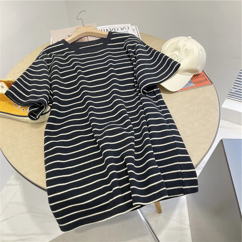 Women’s Korean Style Oversize Striped T-Shirt Loose Casual Short Sleeve Cotton Summer Commute Top