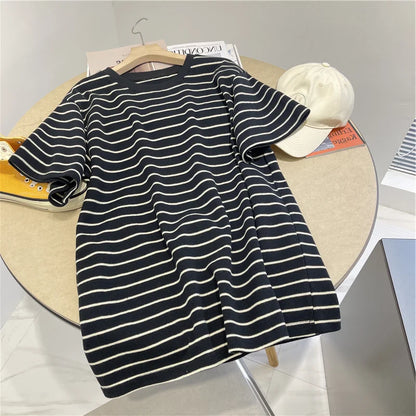 Women’s Korean Style Oversize Striped T-Shirt Loose Casual Short Sleeve Cotton Summer Commute Top