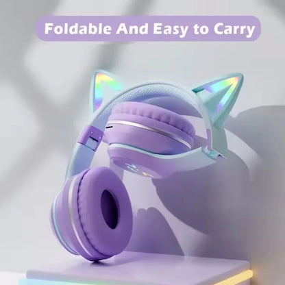 Gradient RGB Cat Ear Wireless Bluetooth Headphones – Cute Stereo Music Gaming Headset with Microphone for Girls & Kids, Fun Gift for Children