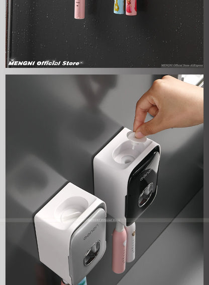 Dispensador de pasta de dientes MENGNI – Exprimidor de pasta dental montado en la pared para baño, soporte para cepillo de dientes sin taladros, organizador manual de bomba de pasta de dientes para almacenamiento y uso diario en el baño