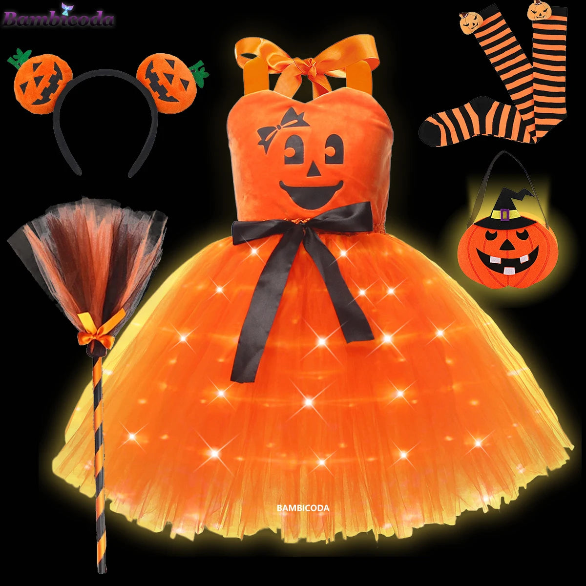 Girls LED Light-Up Witch Costume Dress – Halloween Vampire Cosplay Outfit for Carnival, Masquerade, Performance & Pumpkin Parties