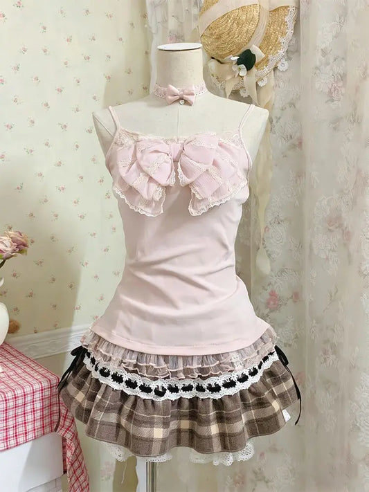 Conjunto de 3 Piezas Y2K años 90 Kawaii para Mujer – Top Corto con Tirantes, Minifalda y Encaje, Estilo Harajuku Japonés Delgado de Verano