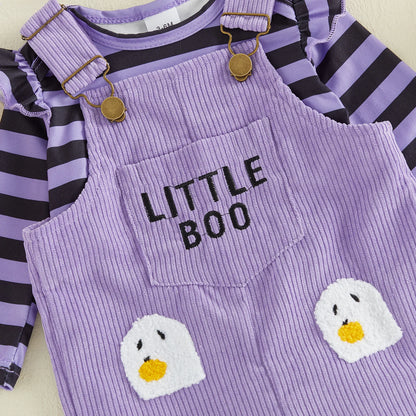 Toddler Girls 3-Piece Halloween Outfit – Long-Sleeve Striped Romper with Pumpkin & Ghost Embroidery, Overalls & Bow Headband