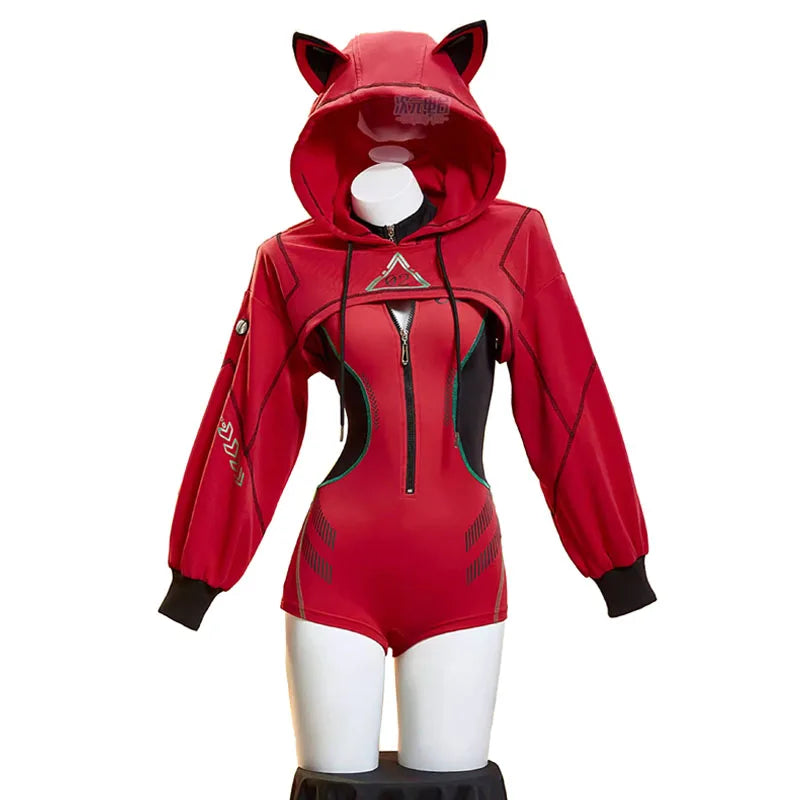 Asuka Langley Soryu Cosplay Costume – Women’s Hooded Jumpsuit with Cat Ears (Long Sleeve Bodysuit Sportswear Party Uniform Outfit)