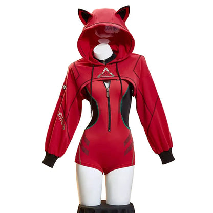 Asuka Langley Soryu Cosplay Costume – Women’s Hooded Jumpsuit with Cat Ears (Long Sleeve Bodysuit Sportswear Party Uniform Outfit)