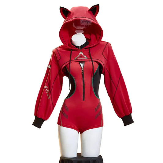 Disfraz de Asuka Langley Soryu – Mono con capucha para mujer con orejas de gato (Traje de fiesta deportivo de manga larga)