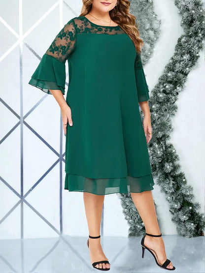 GIBSIE Plus Size Women's Chiffon Midi Dress – Elegant Embroidered Mesh Patchwork O-Neck Flared Sleeve Layered Dress
