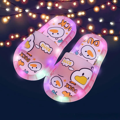 Zuecos LED con luces para niños, bonitas pantuflas de cristal con dibujos animados para niños y niñas