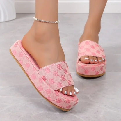 Sandalias de plataforma deslizantes para mujer – Zapatillas de playa planas florales, cómodas zapatillas de verano para exteriores para mujer
