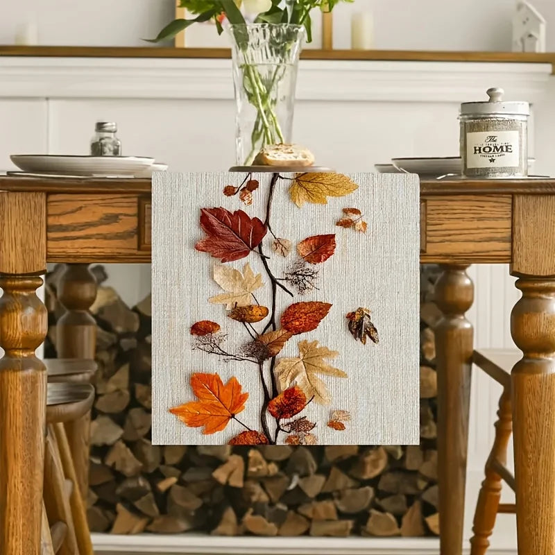 Autumn Fallen Leaf Table Runner – Natural Dried Leaf & Vine Collage Design for Thanksgiving, Family Gatherings, Cafés, B&Bs, Picnics & Home Decor