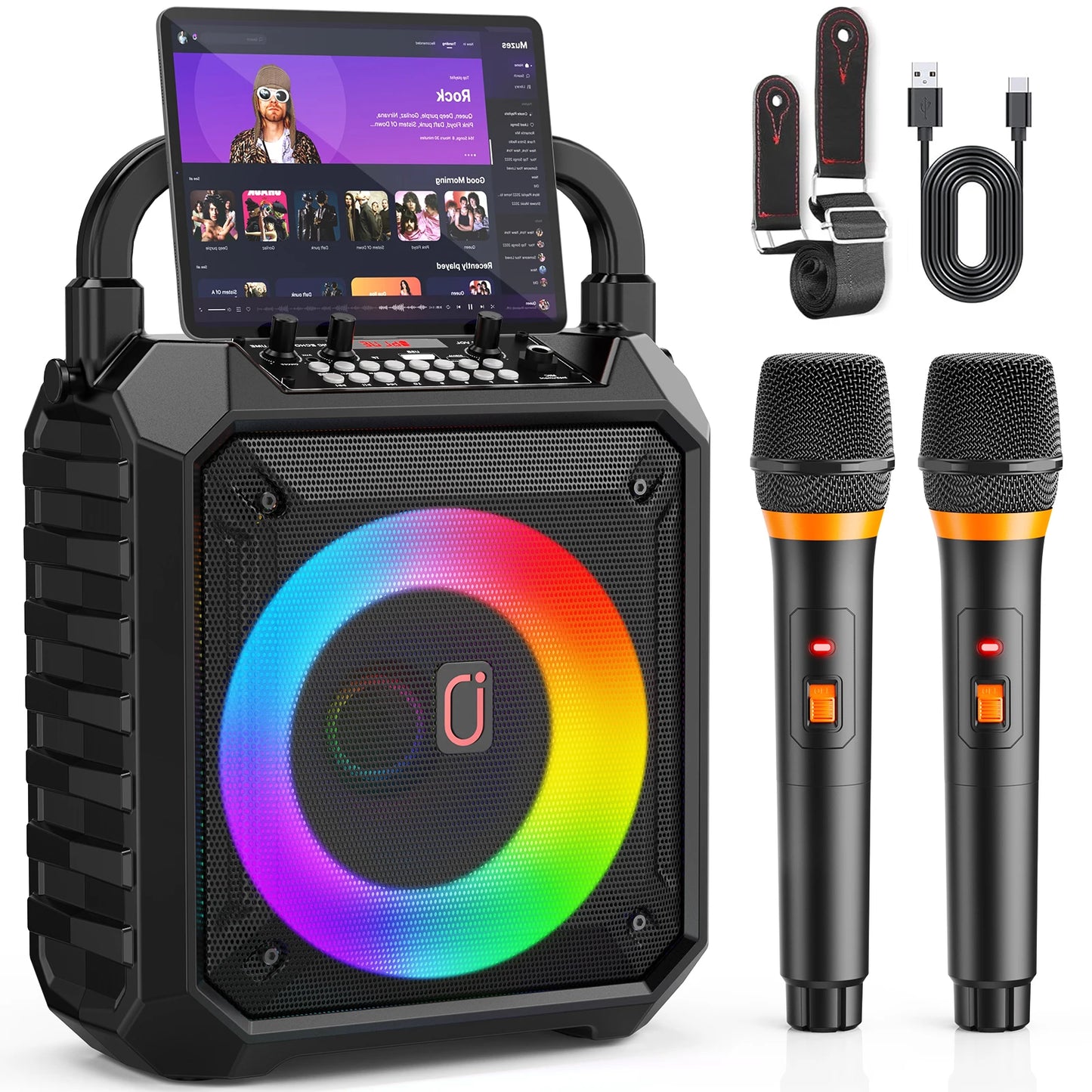 T17-T Portable Karaoke Machine – Bluetooth Speaker with 2 Wireless Microphones, DJ Lights & PA System for Parties and Outdoor Events