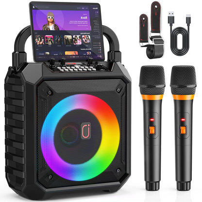 T17-T Portable Karaoke Machine – Bluetooth Speaker with 2 Wireless Microphones, DJ Lights & PA System for Parties and Outdoor Events