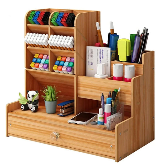 Organizador de escritorio de madera – Caja de almacenamiento de bricolaje para escritorio con cajón, portalápices de gran capacidad para organización de papelería de oficina, escuela y hogar