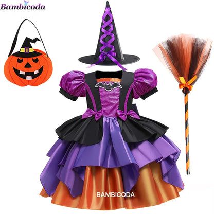 Girls Pumpkin Halloween Costume Dress – Fancy Bat Print Witch Princess Ball Gown for Cosplay, Festival & Party