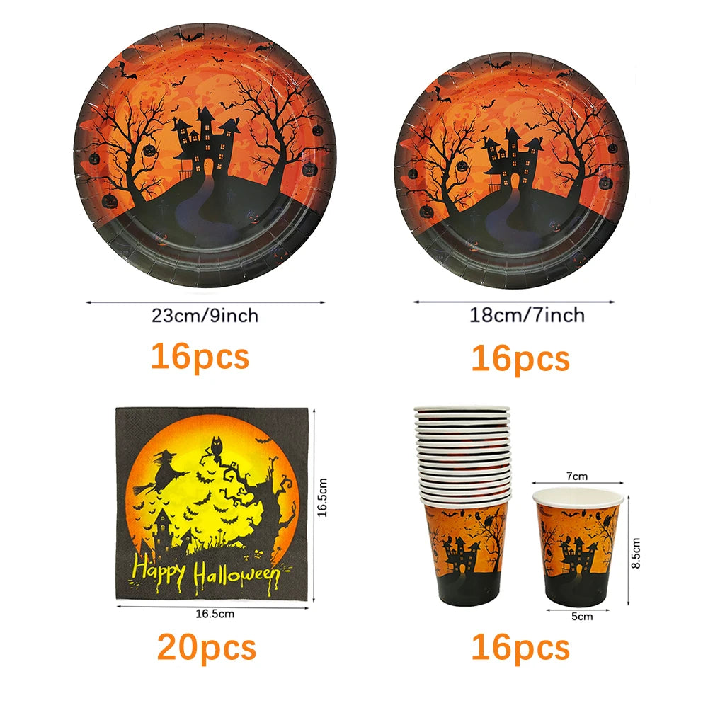 Halloween Disposable Tableware Set 2026, Pumpkin-Themed Paper Plates, Cups, Napkins and Tablecloth, Halloween Party Supplies, Spooky Dining Table Decorations for Home and Parties