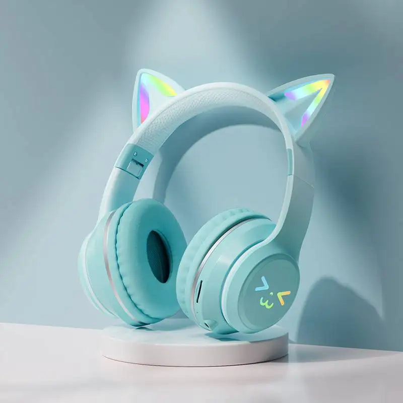 Gradient RGB Cat Ear Wireless Bluetooth Headphones – Cute Stereo Music Gaming Headset with Microphone for Girls & Kids, Fun Gift for Children
