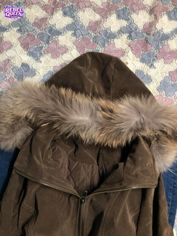 Women’s American Vintage Harajuku Jacket – Brown Fur Collar Hooded Short Coat, Gothic Winter Streetwear & Casual Fashion Outerwear