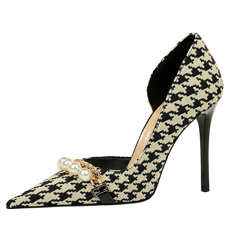 BIGTREE Escarpins à talons aiguilles et chaîne de perles de luxe pour femme – Idéal pour mariage, soirée et banquet