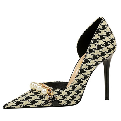 BIGTREE Escarpins à talons aiguilles et chaîne de perles de luxe pour femme – Idéal pour mariage, soirée et banquet