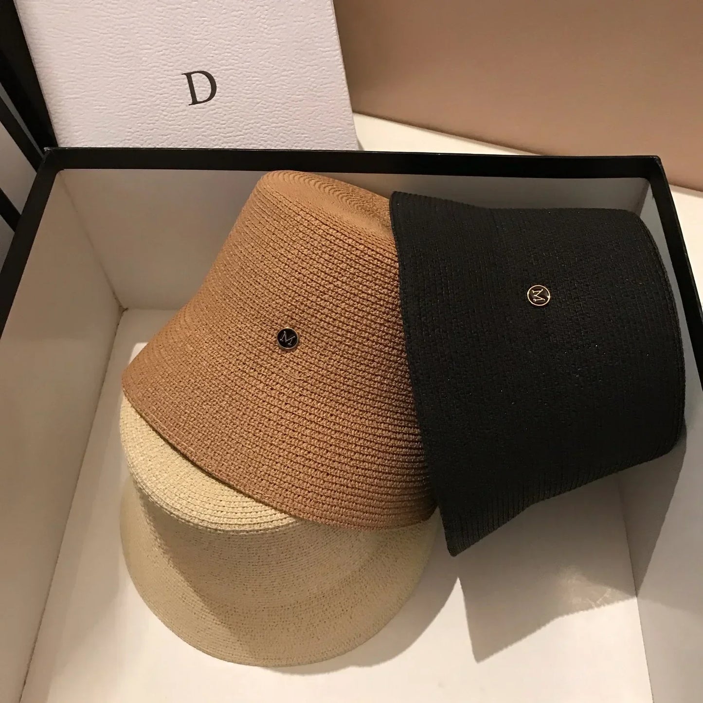 Japanese Designer M Straw Woven Summer Sun Hat for Women Casual Travel Panama Bucket Hat Sunscreen Slim-Face Luxury