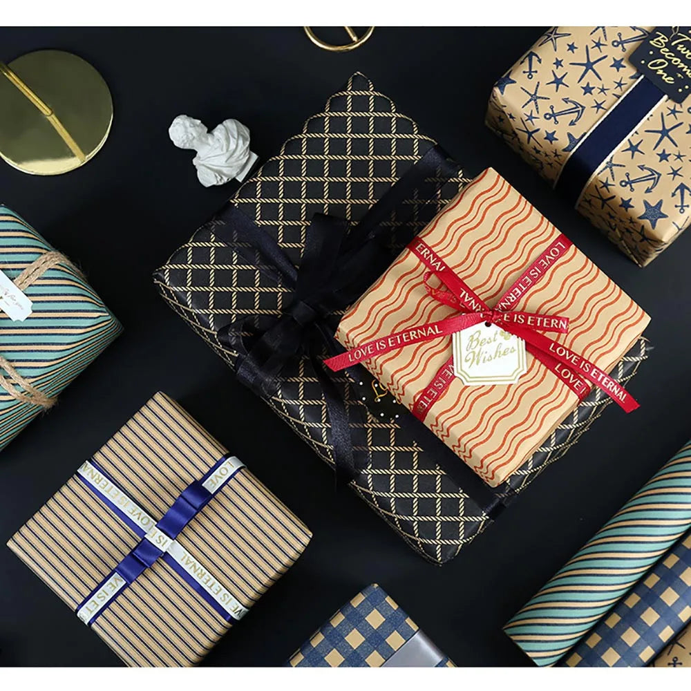 70×50CM Retro Blue Wave Gift Wrapping Paper – Grid & Sea Star Pattern Bouquet Packaging Paper for Men, Birthday Gifts & DIY Crafts