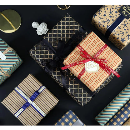 70×50CM Retro Blue Wave Gift Wrapping Paper – Grid & Sea Star Pattern Bouquet Packaging Paper for Men, Birthday Gifts & DIY Crafts