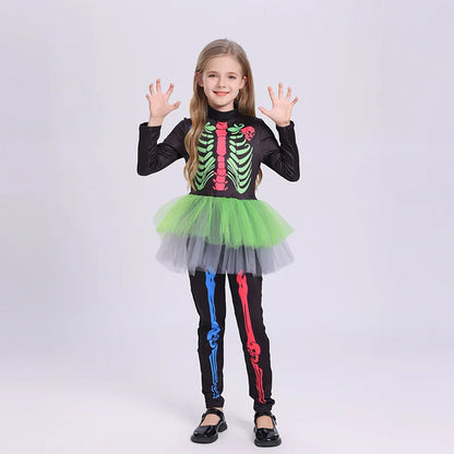 Colorful Skeleton Cosplay Costume for Kids – Girls One-Piece Tight Skirt Dress for Halloween Roleplay & Party Wear