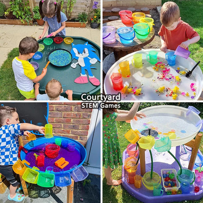 Kit de jeu sensoriel Montessori sable et eau – Jouet d'apprentissage STEM ouvert avec gobelets doseurs arc-en-ciel, entonnoirs, pelles, pinces et tuyaux, jouet d'activité créative en extérieur pour enfants