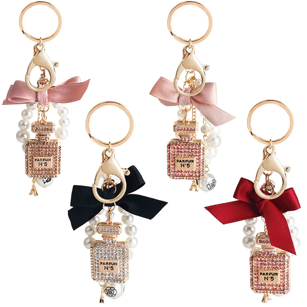Imitation Pearl Perfume Bottle Keychain – Cute Bow Car Key Ring & Fashion Bag Charm Accessory for Women and Girls
