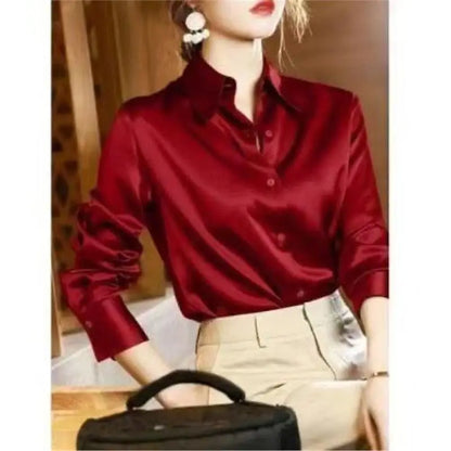 Chemisier en Soie Satinée à Manches Longues pour Femme – Chemise de Bureau Élégante Ample Boutonnée, Haut de Travail Professionnel d'Automne