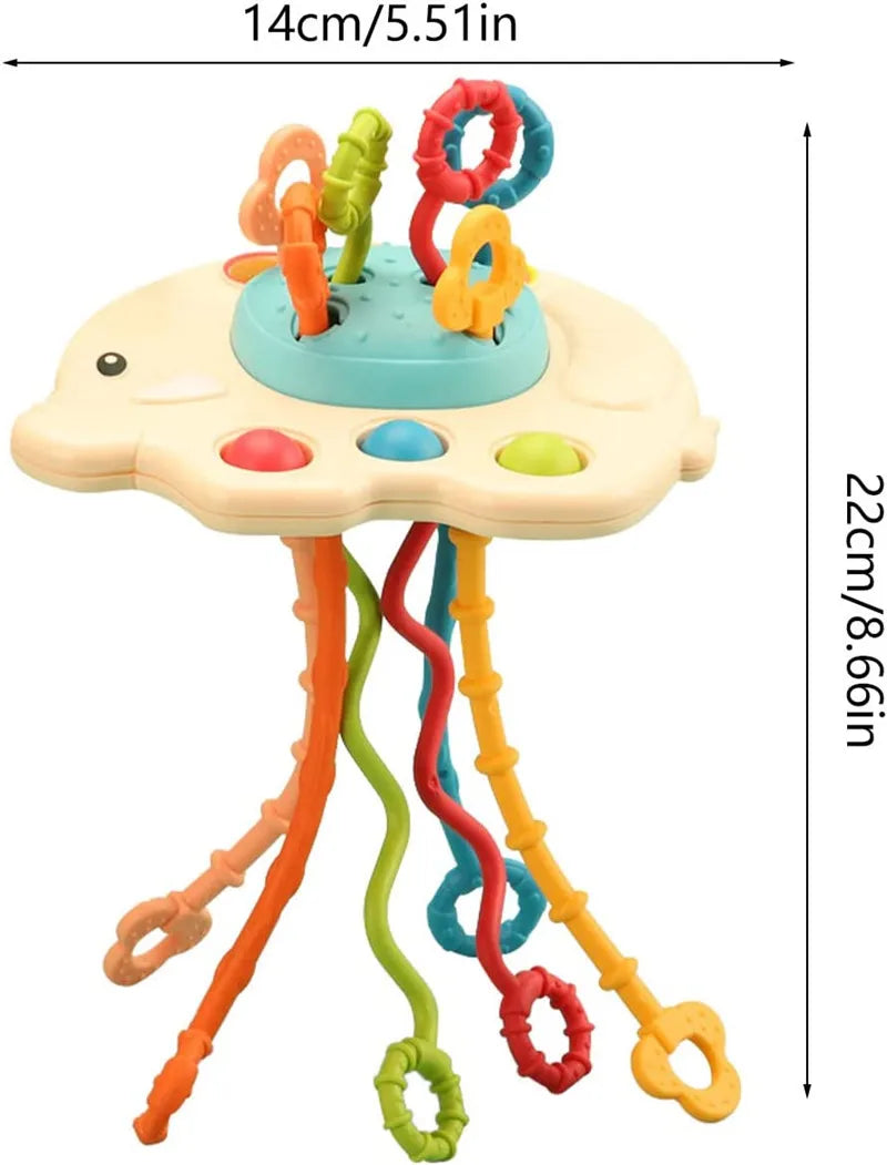 Juguete Sensorial de Silicona Montessori con Cuerda para Bebés – Mordedor Sonajero para Bebés de 6 a 12 Meses