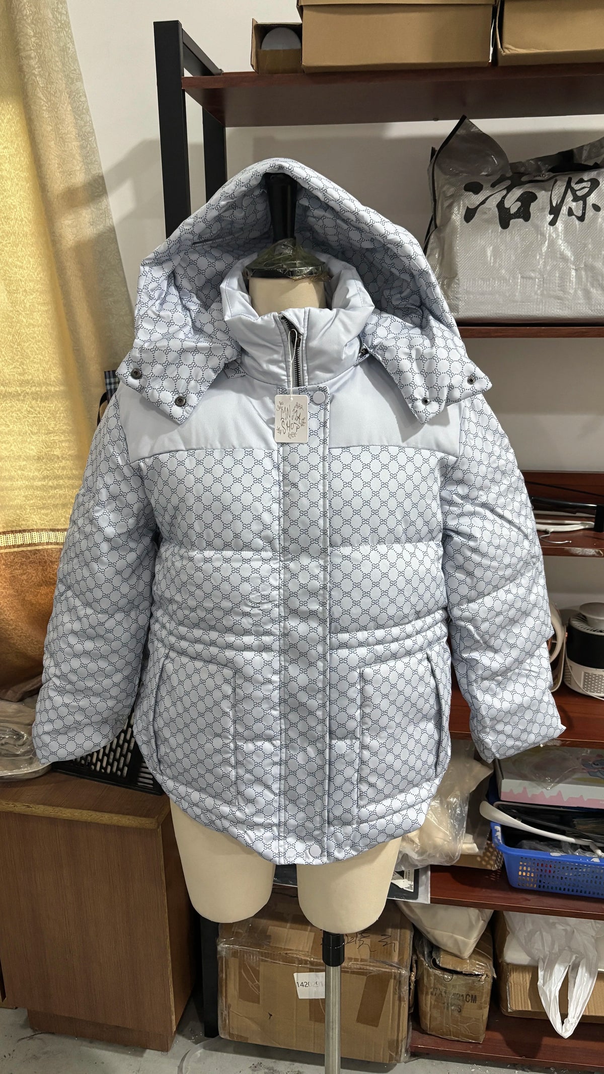 Women’s Winter Printed Coat & Pants 2-Piece Set – Warm Stand Neck Hooded Cotton Jacket with High-Waisted Pants, Chic Casual Outfit