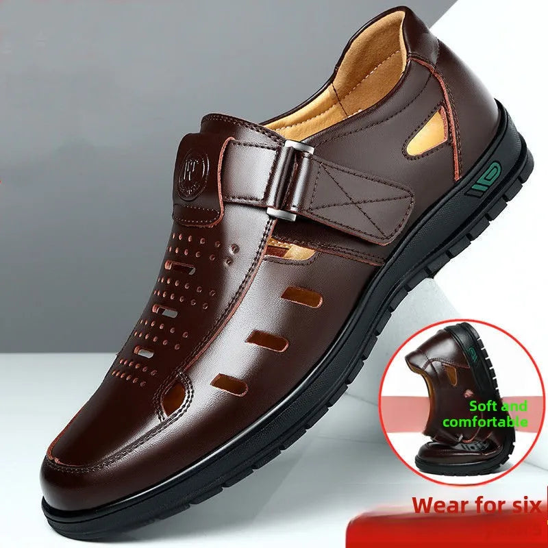 Sandalias de cuero genuino para hombre antideslizantes transpirables sin cordones casuales de verano para caminar