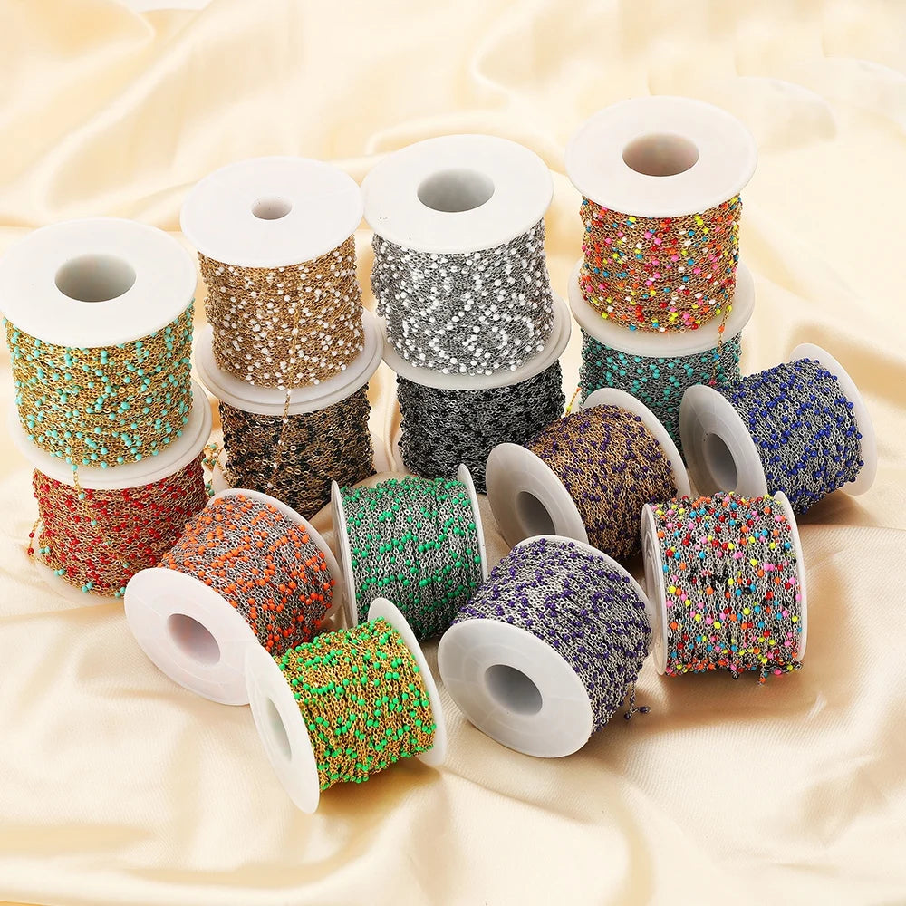 Cadena de eslabones de cuentas de esmalte dorado de acero inoxidable de 2M – Cadena DIY de aceite de goteo para collares, pulseras y suministros de fabricación de joyas