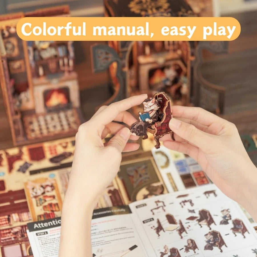 CUTEBEE Kit DIY de Rincón de Libro con Luces LED – Modelo de Estantería en Miniatura de Madera de Búho y Decoración