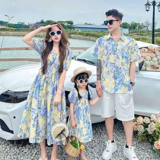 Family Matching Holiday Outfits – Mom & Daughter Smock Dresses, Dad & Son Floral Shirts, Sister & Brother Vacation Clothes for Twins & Kids