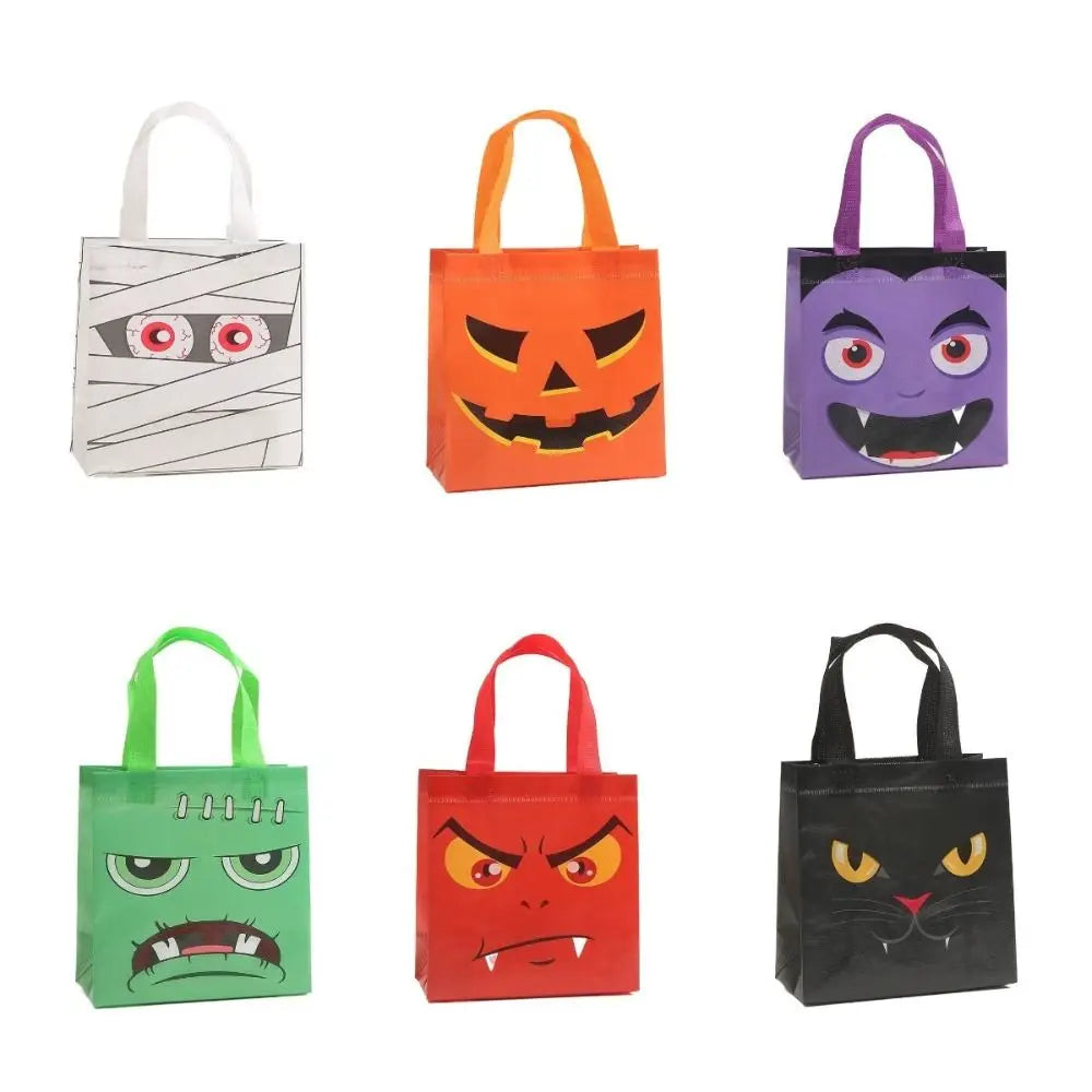 Halloween Pumpkin Candy Bags for Kids, Non-Woven Trick or Treat Loot Bags, Cute Ghost Bat and Cat Treat Bags, Halloween Goodie Bags, Party Favors and Holiday Gift Bags