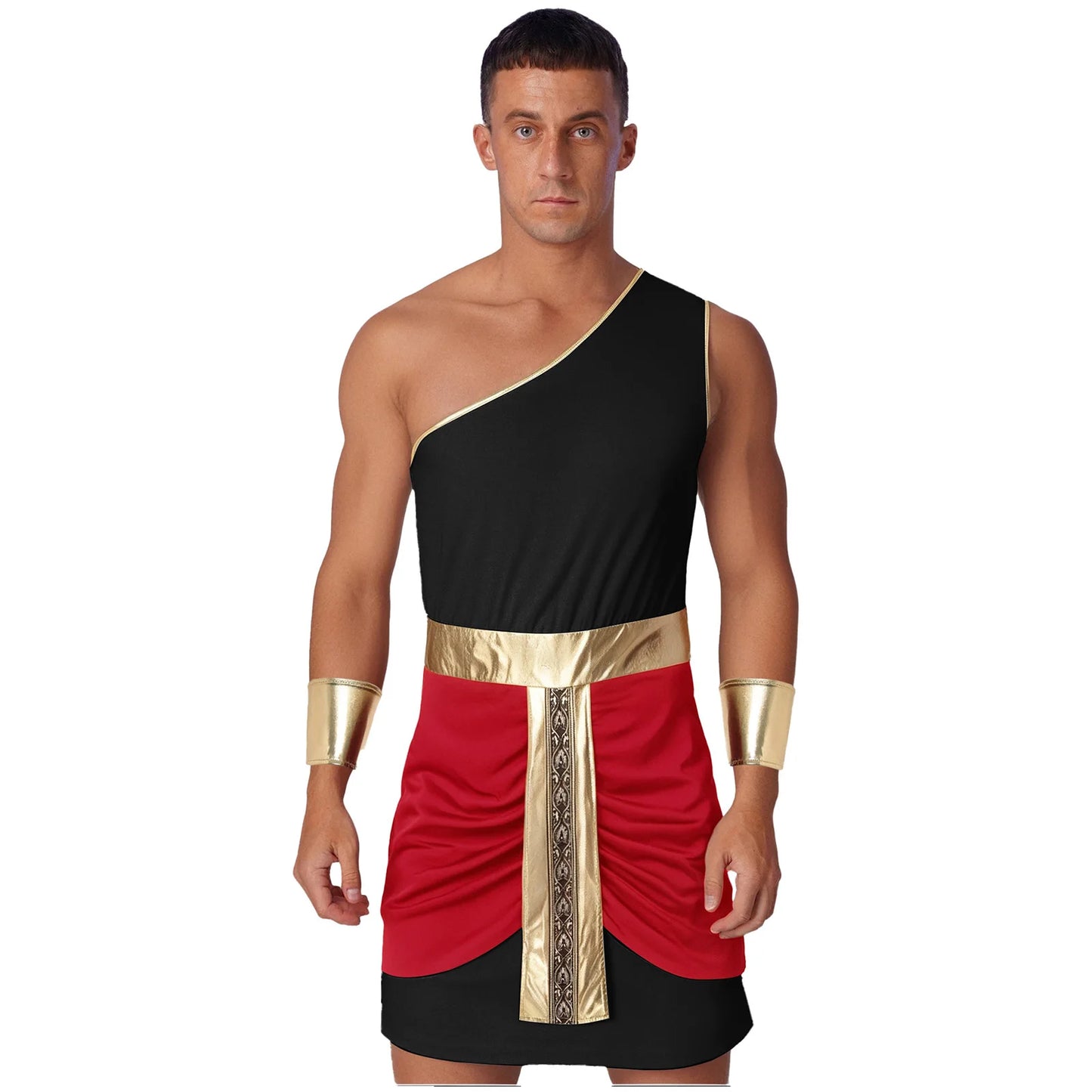 Men’s Ancient Greek & Egyptian Pharaoh Cosplay Costume – Metallic Shiny Toga Robe with Sleeves for Halloween & Roleplay