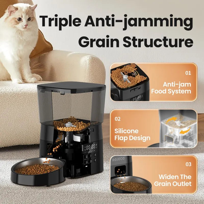 ROJECO Comedero Automático para Mascotas – Dispensador Inteligente de Comida Seca con Control por Botones para Perros y Gatos