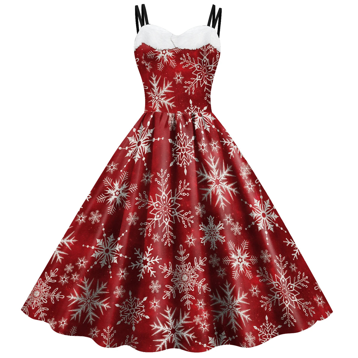Women's Red Christmas Party Dress with 3D Snowflake Pattern, Vintage Chiffon Suspender Skirt Cosplay Costume, Festive Holiday Dress for Christmas Parties and New Year Celebrations