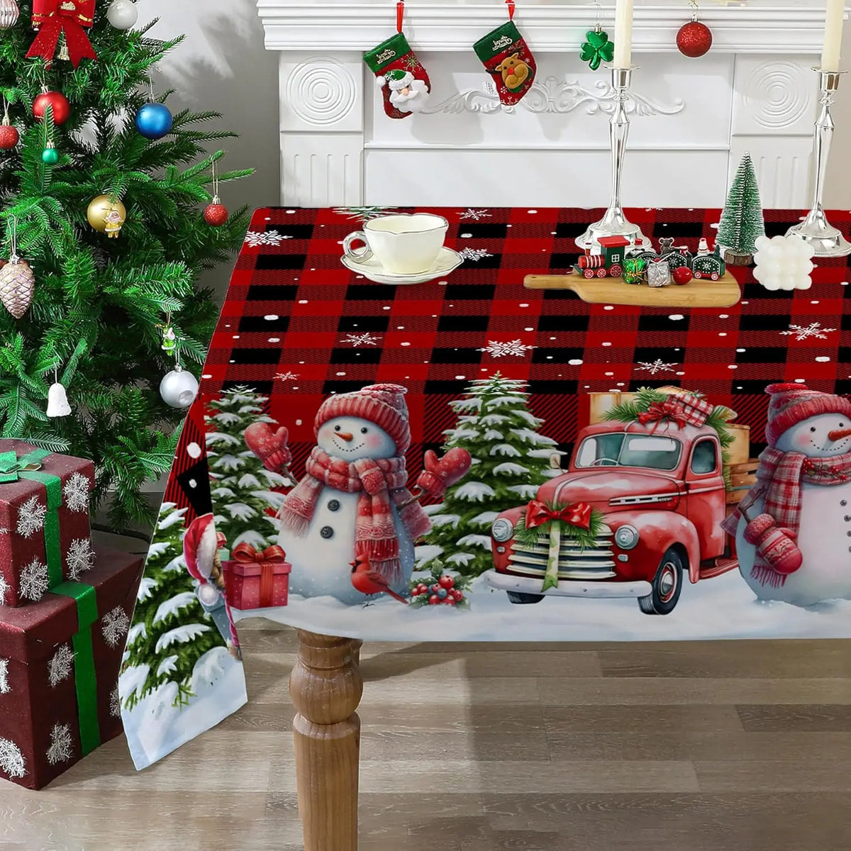 Christmas Snowman Truck Tablecloth – Xmas Tree & Winter Snowflake Dining Table Cover for Kitchen, Home & Holiday Decor
