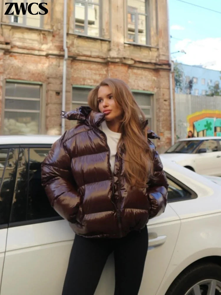 Women’s Glossy Hooded Winter Jacket – Zip-Up Short Cotton-Padded Coat with Elastic Waist & Pleated Design, High-Street Outerwear