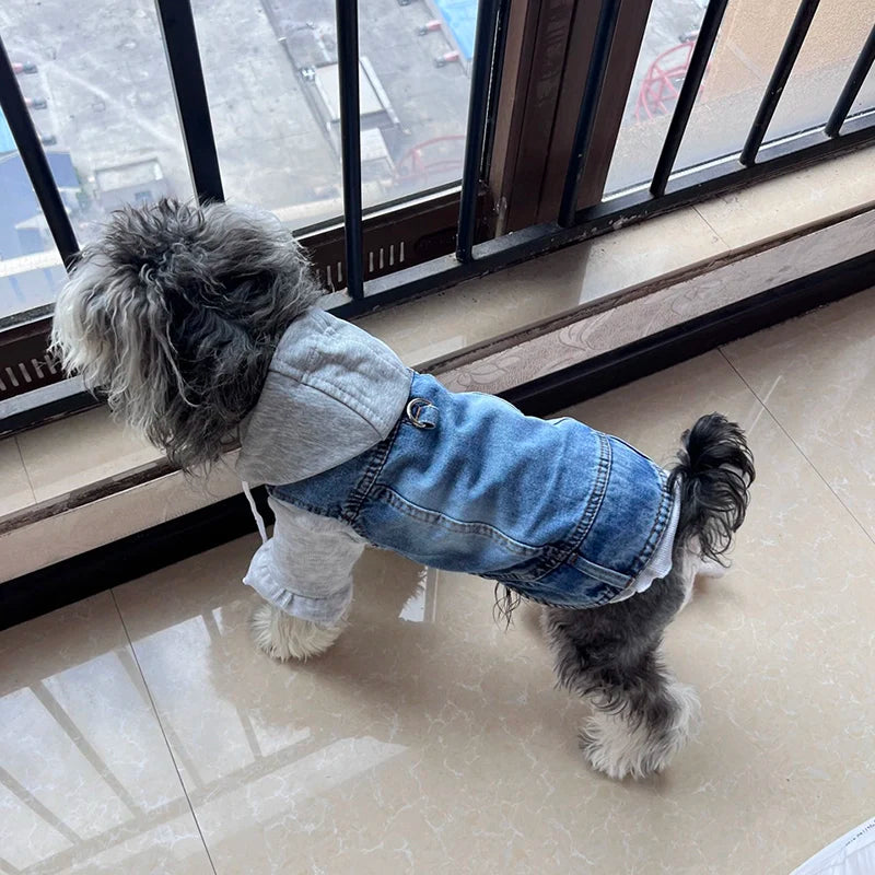 Cool Dog Denim Jacket Vest – Hooded Jean Coat with D-Ring for Small & Medium Dogs, Puppy Harness Vest for Spring Walks