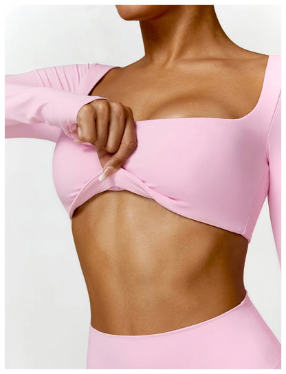 Women’s Square Neck Sports Crop Top – Long Sleeve Quick-Dry Gym Yoga Fitness Activewear