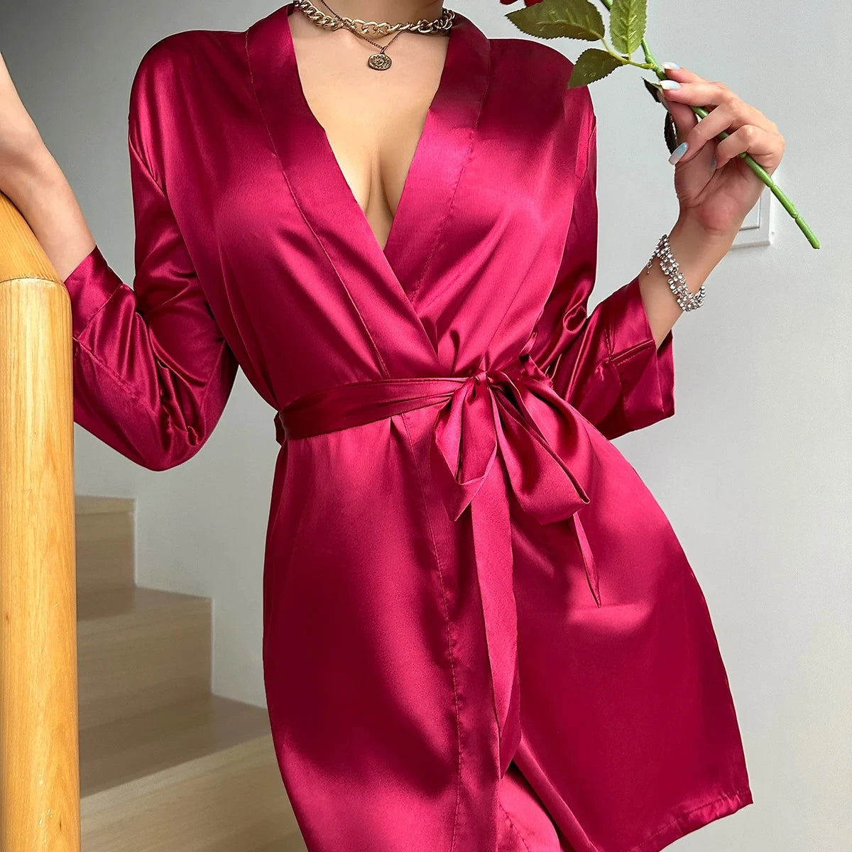 Women’s Summer Ice Silk Robe – Sexy Lace-Up Bathrobe Morning Gown Home Dress Loungewear