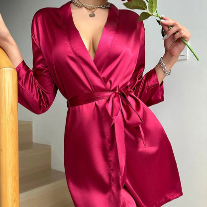 Women’s Summer Ice Silk Robe – Sexy Lace-Up Bathrobe Morning Gown Home Dress Loungewear